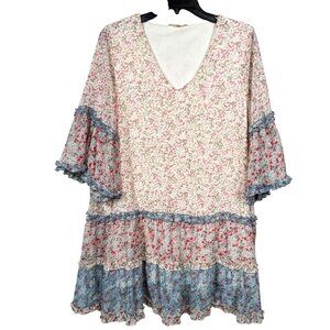Entro Dress Small White Pink Blue Floral Ditsy Flared Sleeve Ruffle Shift Boho